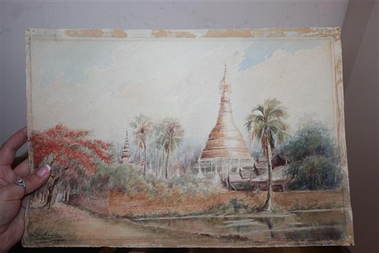 S.W. Hunton, watercolour, Burmese temple, signed and dated 1923, 25 x 38cm, and eight other assorted